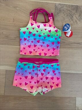 NWT Hatley Girls Rainbow Heart Tankini Set - Pink, Blue, Green size 12
